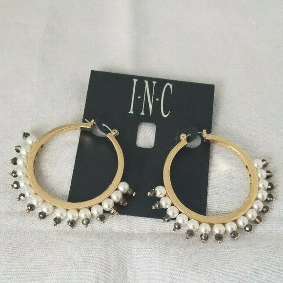INC Gold-Tone Bead & Imitation Pearl Hoop Earrings - Picture 3 of 4